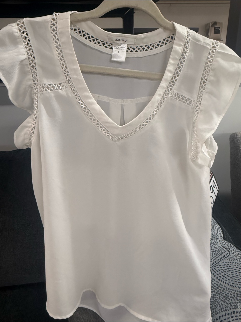 Esley Cream/white V-Neck Crochet Trim Flutter Sleeve Top
